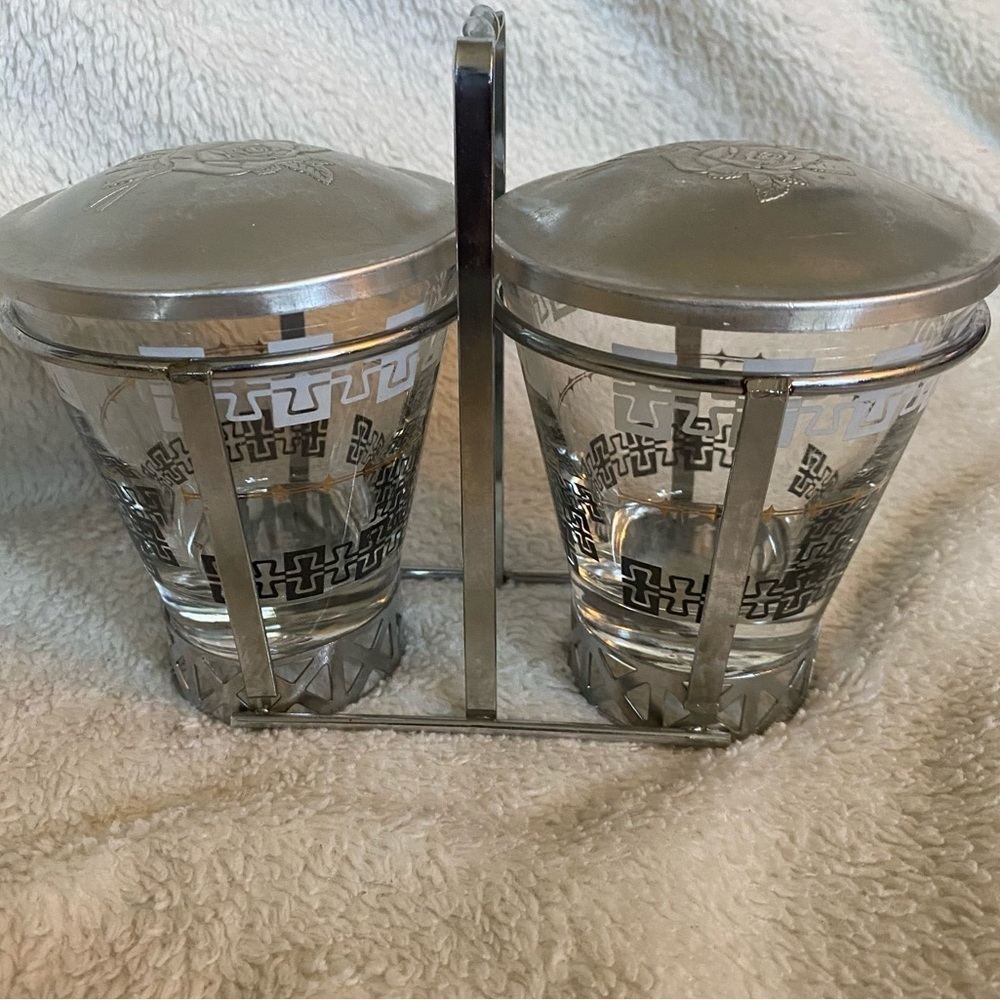 LIBBY Mid century modern glass condiment duo Greek keyhole pattern caddy​​​​​​